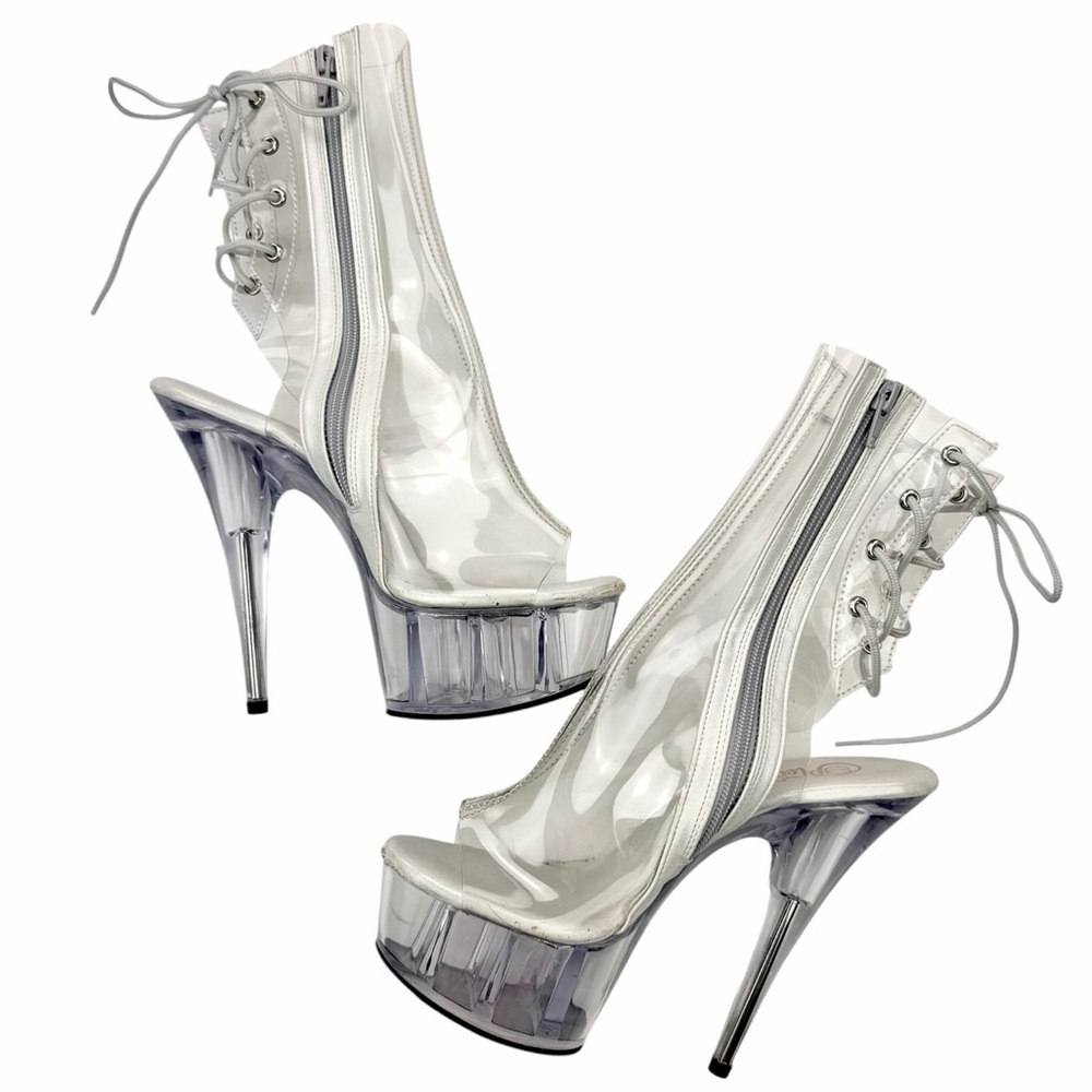 Pleaser Delight Clear Platform Lace Up Ankle Boots Stiletto Heels
